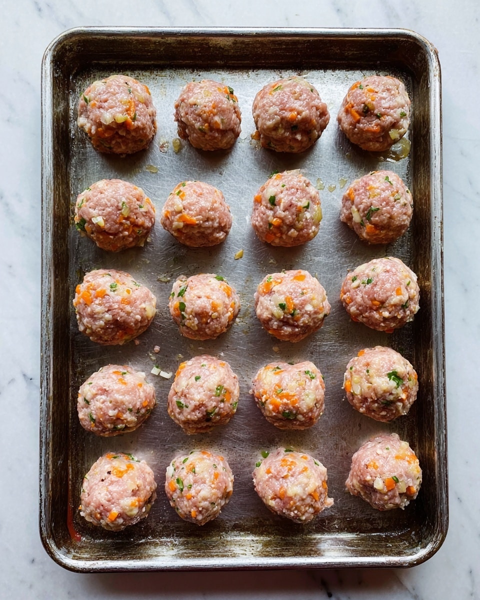A metal baking tray holds 20 raw meatballs arranged in 4 rows and 5 columns. Each meatball is round and has a textured look with visible small pieces of orange carrot, white onion, and green herbs mixed into the light pink ground meat. The surface of the tray shows slight wear and discoloration. The tray is placed on a white marbled surface. photo taken with an iphone --ar 4:5 --v 7