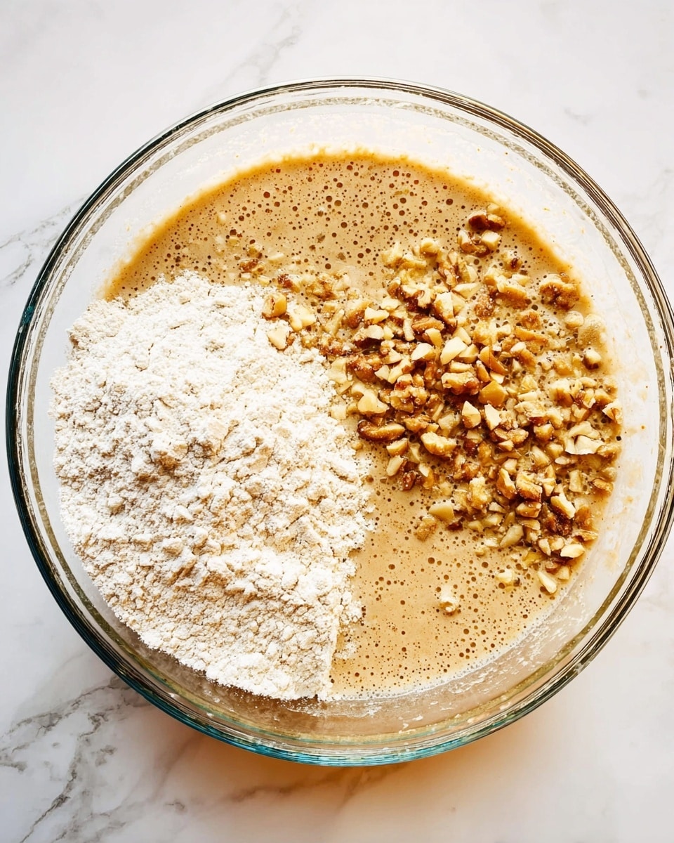 A clear round glass bowl holds three main layers of ingredients on a white marbled surface. The bottom layer, covering most of the bowl, is a light brown liquid batter with a slightly bubbly texture. On the top left side, there is a heap of off-white flour, smooth and fine. Next to the flour on the right side, there is a pile of small, unevenly chopped light brown nuts. The bowl is filled with these three layers side by side but not mixed. Photo taken with an iphone --ar 4:5 --v 7