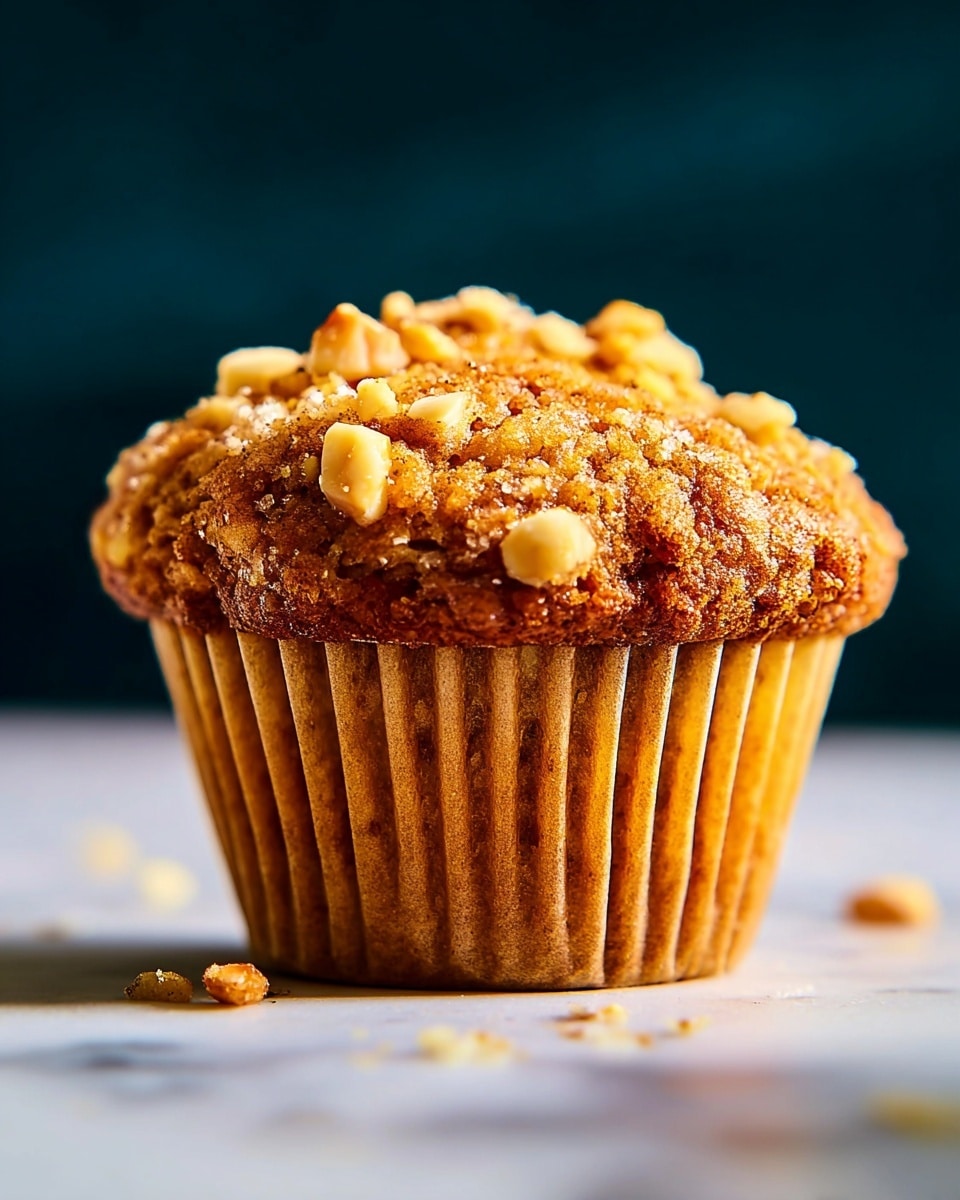 A single muffin sits on a white marbled surface, with a golden-brown textured top that is sprinkled with small, rough pieces of light tan nuts. The muffin liner is light brown with vertical ridges running down its side, holding the moist and slightly bumpy muffin base. There are some scattered nut crumbs around the muffin on the white marbled surface. The background is a blurred dark teal color, making the muffin stand out clearly. photo taken with an iphone --ar 4:5 --v 7
