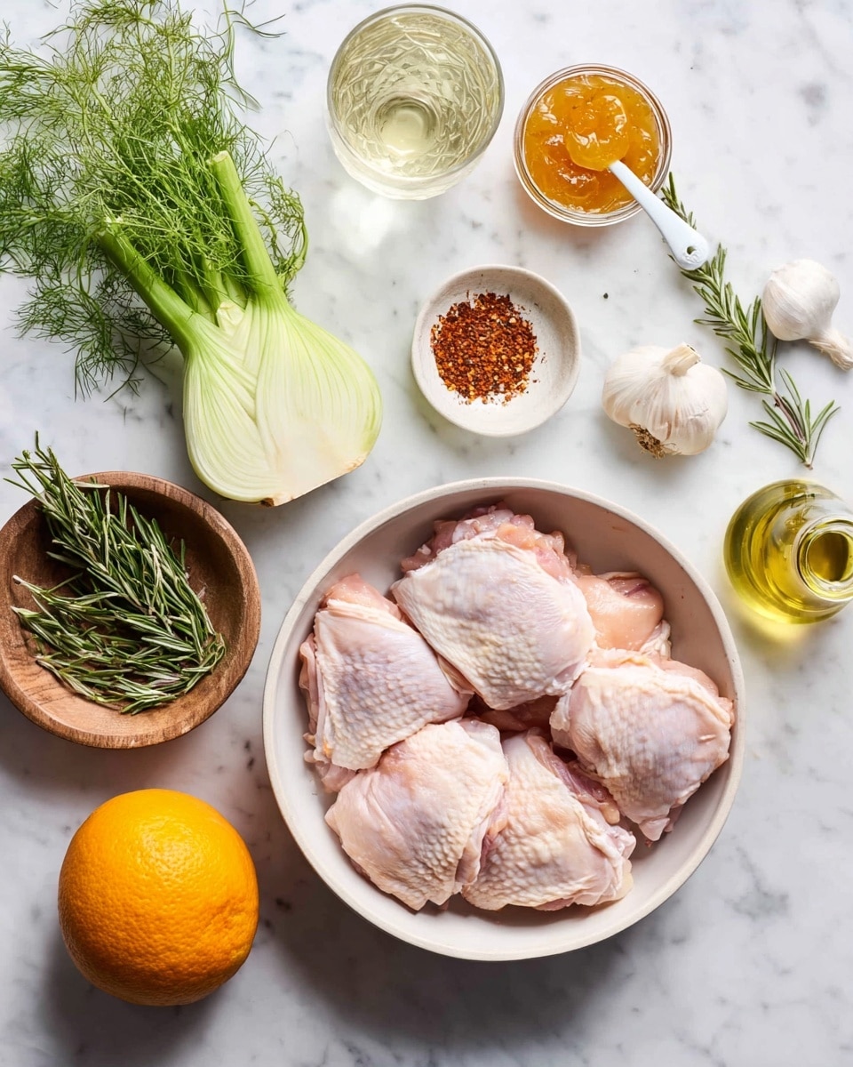 A white bowl filled with six pale pink raw chicken thighs sits on the lower right against a white marbled background. To the left of the bowl at the bottom is a whole bright orange and a small wooden bowl with fresh green rosemary sprigs. Above the wooden bowl is a small glass filled with clear white wine. On the top left is a whole fresh fennel bulb with feathery green leaves extending upwards. Above the fennel, a small white sauce bowl with orange jam and a white spoon rests. Near the center top is a clear glass jar filled with red spice, and to the right of it is a whole white garlic bulb. Below the garlic bulb is a small glass bottle with light golden olive oil. The scene is bright and neatly arranged. photo taken with an iphone --ar 4:5 --v 7