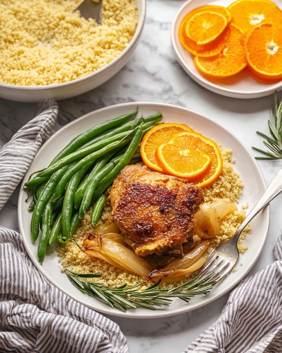 A white plate on a white marbled surface holds a meal with four main parts: at the bottom, a layer of pale yellow couscous with a grainy texture; on top of the couscous, there are two golden brown cooked chicken pieces with a crispy skin, resting on orange slices and a few light brown roasted onion wedges; next to the chicken is a neat pile of bright green green beans with a smooth texture; a sprig of fresh green rosemary lies between the green beans and couscous. A silver fork sits on the right side of the plate. In the background, there is a white bowl filled with more couscous with a silver spoon inside, a glass of light golden liquid, and a small plate with bright orange slices. A striped cloth napkin is partially visible in the bottom right corner. Photo taken with an iphone --ar 4:5 --v 7