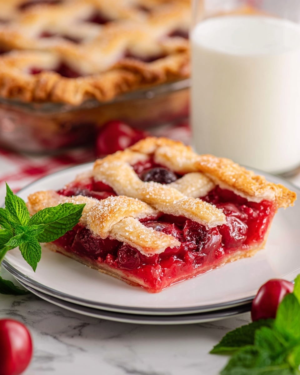 The image shows a slice of cherry pie with two main layers: the bottom layer is a bright red cherry filling that looks thick and glossy with visible whole cherries, while the top layer is a golden-brown lattice crust sprinkled with coarse sugar, giving it a sparkling texture. The crust strips are placed in a crisscross pattern, overlaying the juicy cherry filling. The slice is served on a white plate with a thin gray rim, placed on a white marbled surface with fresh green mint leaves beside it. In the background, there is a blurred view of the rest of the pie with the same lattice crust and a tall glass filled with white milk. photo taken with an iphone --ar 4:5 --v 7
