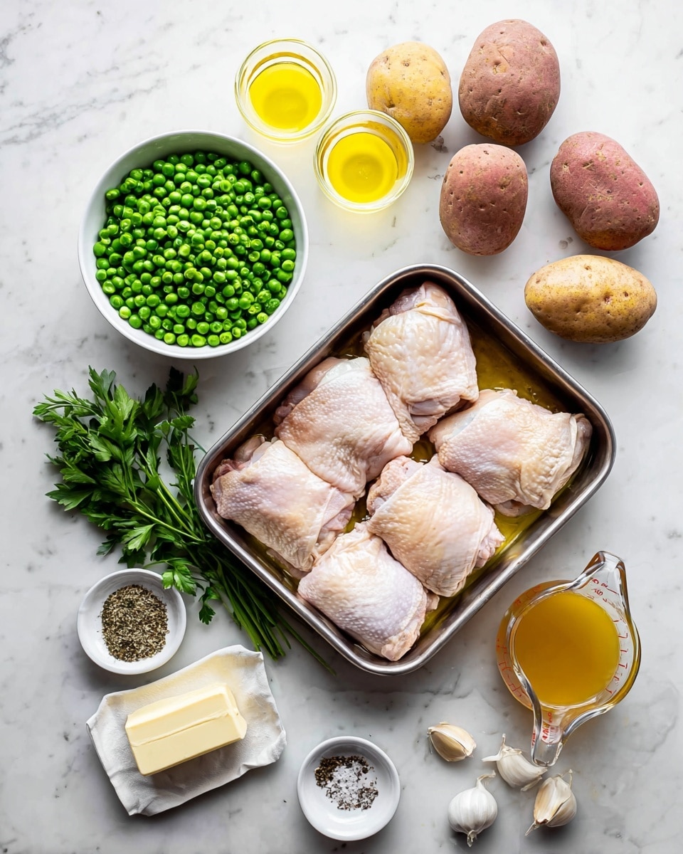 A metal pan with six raw chicken thighs with light pink skin fills the center of a white marbled surface. Above the pan, two medium brown potatoes and two small clear glass cups with light yellow and near-clear liquids sit side by side. To the left, a white bowl is full of bright green peas and nearby a rectangular white dish holds a stick of pale butter. Below them, a whole yellow lemon and a lush green parsley sprig lie near three small white bowls containing black pepper, dried herbs, and coarse salt. Next to the bowls, a glass measuring cup filled with golden-yellow broth stands close to several garlic cloves resting on the surface. photo taken with an iphone --ar 4:5 --v 7