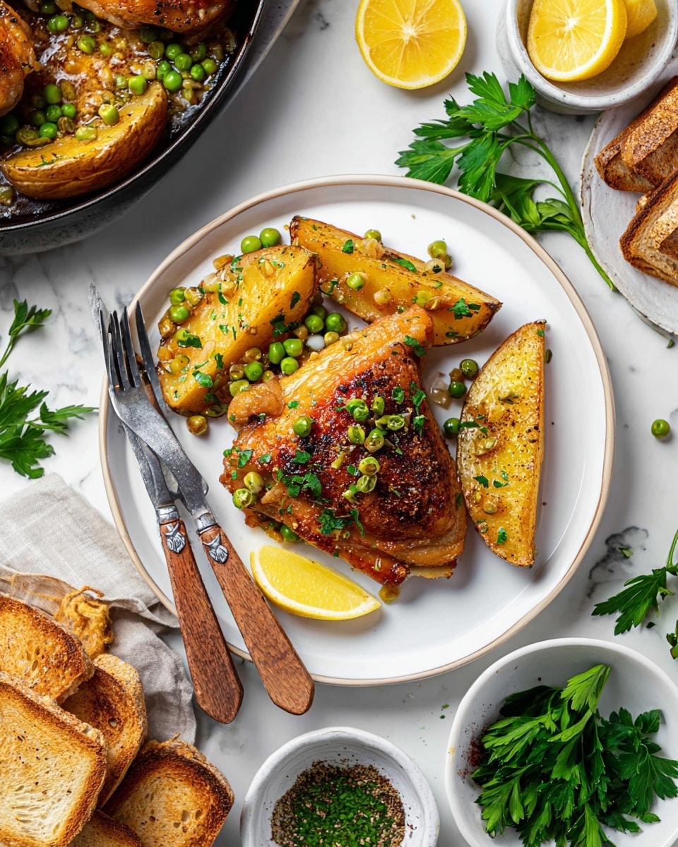 A white plate shows a cooked chicken thigh with crispy brown skin topped with small green peas and chopped herbs. Next to it are three golden roasted potato wedges sprinkled with herbs and garlic bits. On the left side of the plate is a lemon wedge, while a fork and a knife with wooden handles rest on the bottom left edge of the plate. The plate is on a white marbled surface, surrounded by fresh green parsley, a white bowl of toasted bread slices, a small bowl of dried spices, a small bowl of lemon wedges, and a small dish of chopped green herbs. Part of a black pan with more chicken and potatoes appears in the top left corner. Photo taken with an iphone --ar 4:5 --v 7