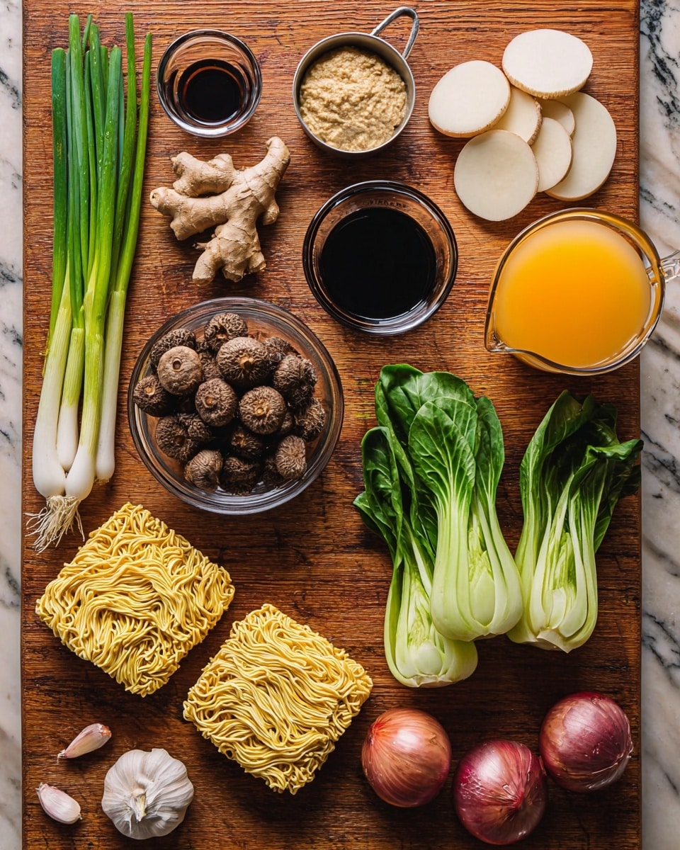 The image shows an arrangement of fresh and dry ingredients on a wooden surface. There are two square blocks of dry yellow noodles near the bottom center. To their left, there is a small glass bowl filled with round brown mushrooms. Above the mushrooms, another glass bowl holds dried dark brown mushrooms. A fresh piece of ginger root lies near the center. To the top left are fresh green scallions with white bulbs. Above the scallions, a small metal cup contains dark soy sauce. Next to it, a small metal cup holds a beige paste. To the right of the ginger root, a glass bowl contains round white slices. Near the top right corner is fresh green bok choy. Below the bok choy are two small red onions and three garlic cloves. Near the bottom right, there is a tall glass measuring cup filled with orange liquid. A small metal measuring cup with clear liquid and a small metal cup with brown liquid are placed above the noodles. The background is replaced with a white marbled texture. Photo taken with an iphone --ar 4:5 --v 7