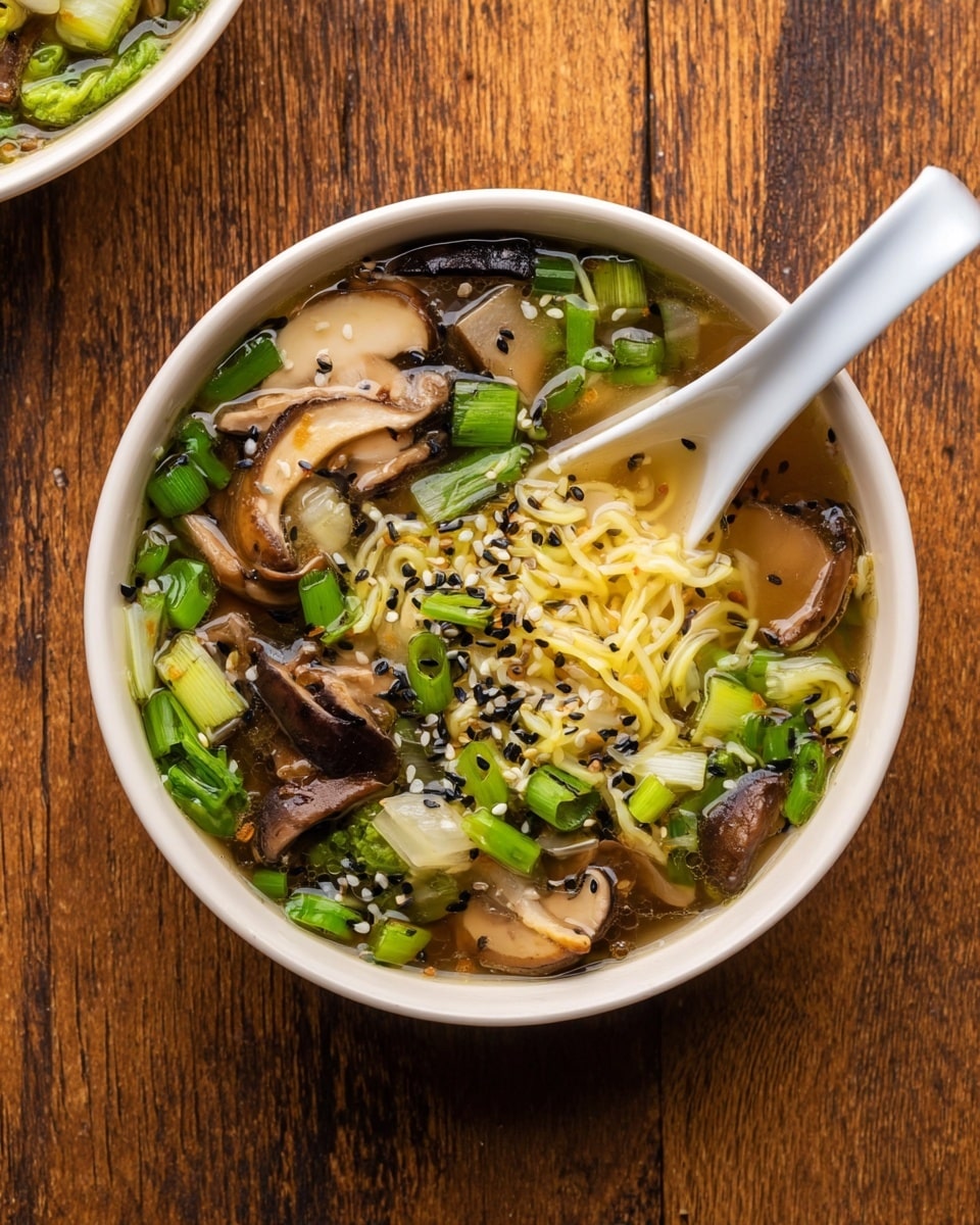 A white bowl on a wooden surface holds a clear broth with several layers: at the bottom, light yellow noodles are partially visible; on top of the noodles, there are green chopped scallions scattered throughout; large pieces of brown mushrooms and light beige sliced root vegetables float in the soup; black sesame seeds are sprinkled all over the surface; a white spoon rests inside the bowl, partially submerged in the broth. photo taken with an iphone --ar 4:5 --v 7