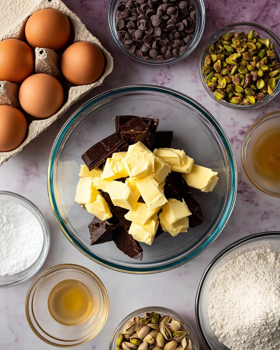 A clear glass bowl sits in the middle, holding dark chocolate pieces layered at the bottom with multiple soft yellow butter chunks scattered on top. Surrounding this bowl are five smaller clear glass bowls: one filled with small brown chocolate chips, another with light green pistachio nuts, one containing light golden syrup, and two more containing white flour and white sugar. On the left side, there are three brown eggs in a beige egg carton. The setup rests on a white marbled textured surface. Photo taken with an iphone --ar 4:5 --v 7