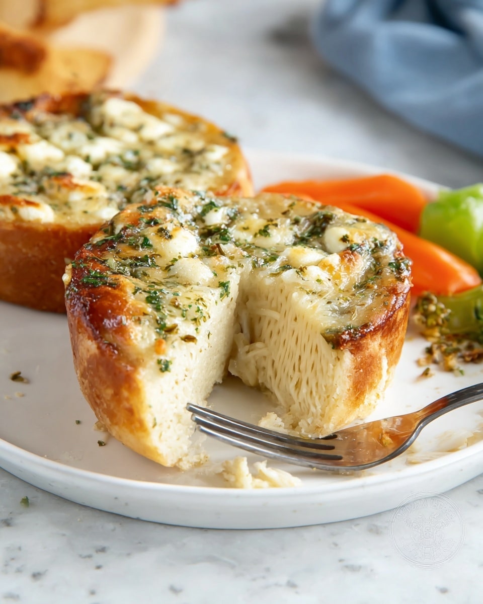 Two round, thick cakes with a light golden brown crust sit on a white plate with a white marbled background. Each cake is topped with a layer of melted white cheese mixed with green herbs, giving a slightly bubbly and textured look. The front cake is split in half, showing a dense, moist interior with a woven pattern of pale strands. A fork presses gently into the split cake, with the tines slightly sinking into the soft middle. On the side of the plate, there are small portions of vegetables, including green and orange pieces. Photo taken with an iphone --ar 4:5 --v 7