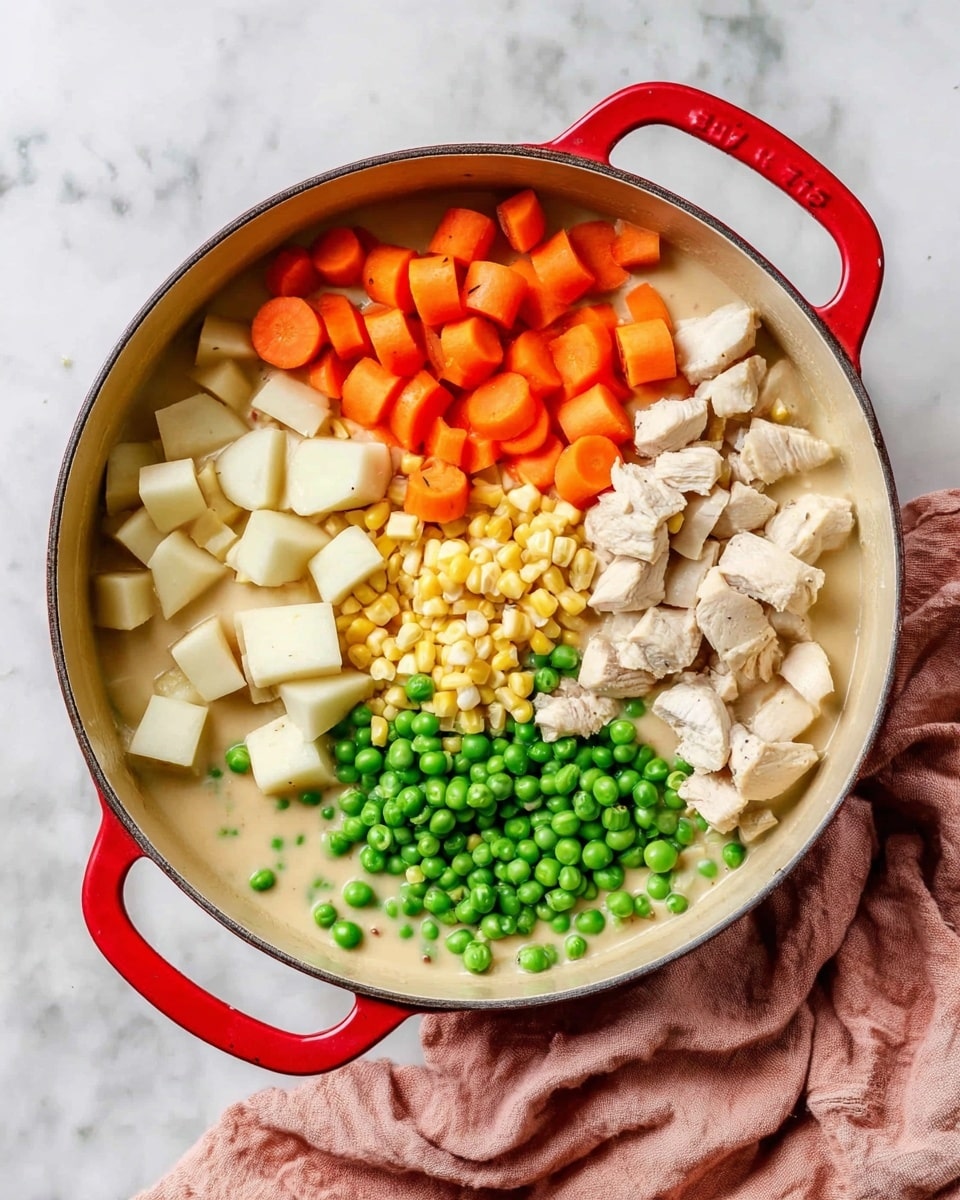 A round white pot with a red handle placed on a soft pink cloth on a white marbled surface holds a mixture of ingredients arranged in four distinct sections. On one side, there are small orange carrot slices layered above white potato cubes, both showing a smooth texture. Adjacent to them are pale yellow corn kernels piled tightly, next to a heap of bright green peas with a round, shiny appearance. The last section contains diced white chicken pieces with slight grill marks, all sitting atop a creamy beige sauce that forms the bottom layer and covers the pot’s base. Photo taken with an iphone --ar 4:5 --v 7