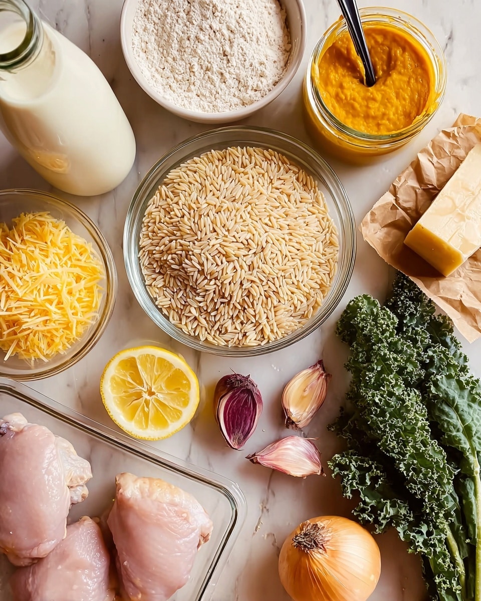 A white marbled surface holds an assortment of cooking ingredients arranged in a flat lay. Near the center, there is a clear glass bowl filled with light tan, uncooked orzo pasta, showing its smooth, oval shape. To the right, curly deep green kale leaves rest in a loose bunch with detailed textured edges. Below the kale, three shallots are positioned with one cut in half, revealing its smooth purple and white layers inside. On the bottom left, pale pink raw chicken thighs are placed in a clear plastic tray. Two bright yellow lemon halves sit on the left side, showing their juicy interior. A small glass bowl with finely grated yellow cheese is set near the top left, next to a large milk bottle filled with creamy liquid. Above the orzo, a small bowl of white flour is visible, alongside an open jar that contains smooth orange pumpkin puree with a black spoon inside. In the top right corner, a block of pale orange cheese is partially wrapped in brown paper. photo taken with an iphone --ar 4:5 --v 7