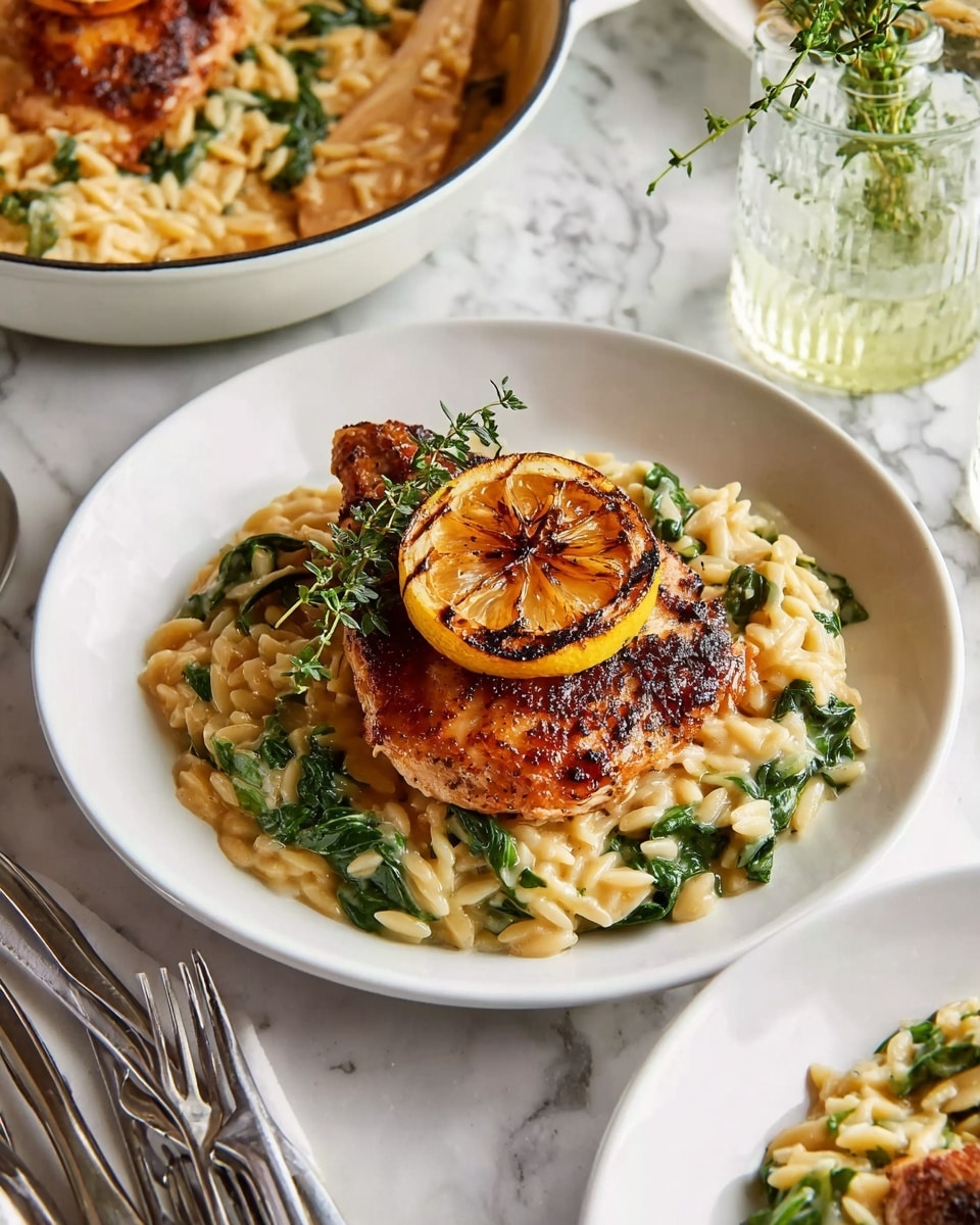 A white round plate shows a dish with three main layers. The base layer is creamy orzo pasta mixed with green leafy spinach, spread evenly across the plate. On top of the orzo and spinach is a piece of cooked chicken with a golden brown, crispy skin, placed in the center. A slice of grilled lemon with charred marks rests on the chicken, and a small sprig of fresh green herb decorates the top. The background is a white marbled surface, with a pot of more orzo and chicken in the bottom left corner, and some cutlery and glassware nearby. Photo taken with an iphone --ar 4:5 --v 7
