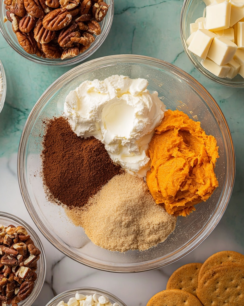 A clear glass bowl sits on a white marbled surface, filled with five distinct layers of ingredients placed side by side. At the top right is a bright orange, smooth pumpkin puree, next to a fluffy white cream layer to its left. Below the pumpkin puree, there is a mound of fine dark brown spice powder, while the bottom left holds light brown soft sugar with a crumbly texture. To the far left, a smaller portion of thick white cream peeks out beneath the others. Around the main bowl are smaller clear bowls filled with pecans, brown sugar, butter cubes, and white chocolate chips, plus a stack of round tan crackers on the right side. Photo taken with an iphone --ar 4:5 --v 7