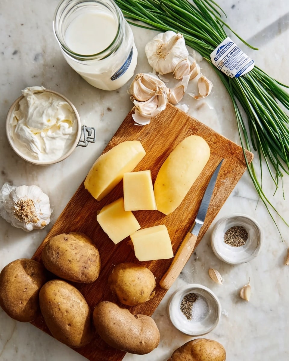 The image shows a wooden cutting board on a white marbled surface with a peeled potato being peeled by a metal peeler on the right side. On the cutting board are six pieces of peeled potato in pale yellow color with smooth texture. Around the board are several whole brown potatoes with rough skin. On the top left, there is a bunch of green chives with a label, and next to it are a whole garlic bulb and two separated cloves. On the left side is an open container of white sour cream with some taken out, and a glass bottle of milk with a metal cap. At the bottom right, two small white bowls hold coarse salt and black pepper. A small knife with a wooden handle lies across the cutting board. The scene is bright with natural light. photo taken with an iphone --ar 4:5 --v 7