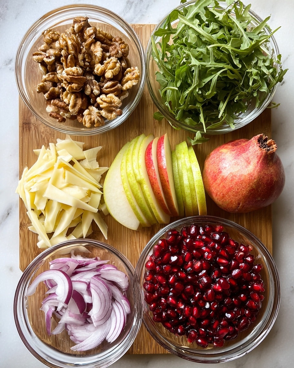 The image shows a white marbled surface with ten small clear glass bowls arranged neatly. The largest bowl at the bottom holds three thick white cream cheese blocks. Above it, there is a medium bowl with a stick of butter. Surrounding these are smaller bowls containing chopped pecans, a dark amber syrup, white powdered sugar, light brown sugar, cinnamon powder, a small amount of salt, some sort of clear liquid, and more chopped pecans in a smaller bowl. The bowls are spaced evenly across the surface, showing a variety of textures from smooth powders to chunky nuts photo taken with an iphone --ar 4:5 --v 7