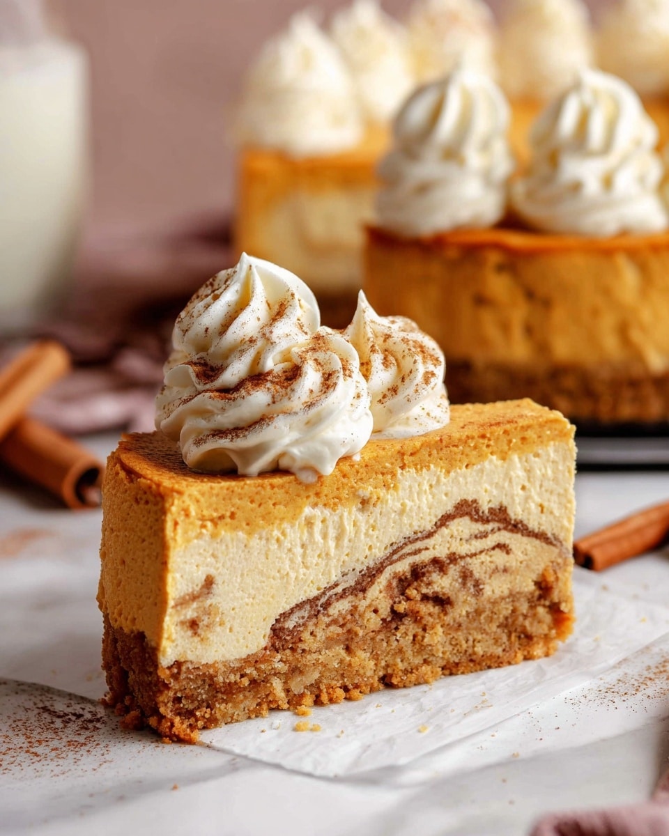 The image shows a slice of pumpkin cheesecake with three main layers on a piece of white parchment paper over a white marbled surface. The bottom layer is a crumbled, golden brown crust. The middle layer is a denser, mixed-texture pumpkin cheesecake with swirls of darker pumpkin spice throughout. The top layer is a smooth, lighter orange pumpkin cheesecake. The slice is topped with three thick swirls of white whipped cream sprinkled with a fine dusting of cinnamon. In the background, the rest of the pumpkin cheesecake is visible with more whipped cream star dollops along the edge. Additional cinnamon sticks and a glass of milk are softly blurred behind the cake. Photo taken with an iphone --ar 4:5 --v 7