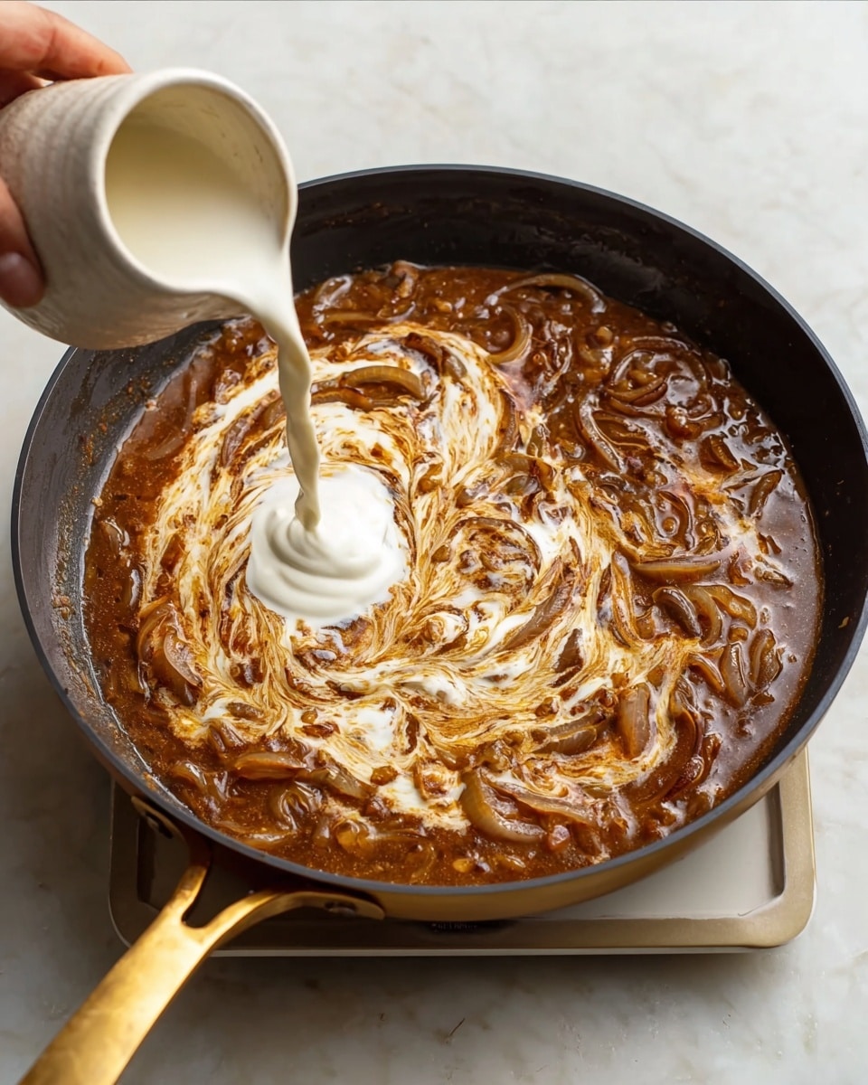 A black frying pan with a gold handle filled with a rich brown sauce that has visible thin sliced onions cooked in it, the sauce looks thick and glossy. On top, white cream is being poured in a swirl by a white ceramic jug held by a woman's hand, mixing partially with the brown sauce creating a marbled effect. The pan is placed on a white marbled surface. photo taken with an iphone --ar 4:5 --v 7