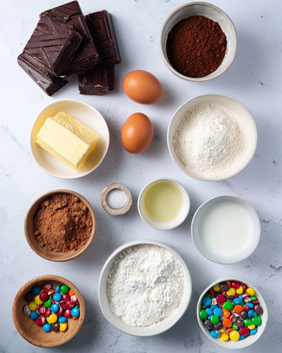 The image shows a top view of various baking ingredients arranged separately on a white marbled surface. There are two brown eggs in a white bowl near the center. Surrounding the eggs, clockwise: a light yellow butter in a small white bowl, light brown cocoa powder in a small tan bowl, white flour in a white bowl, a small white bowl with cream, a small wooden bowl with a pinch of salt, a small white bowl with vanilla liquid, a white bowl with sugar, chunks of milk chocolate stacked on the left, and colorful candy pieces in a white bowl. Photo taken with an iphone --ar 4:5 --v 7
