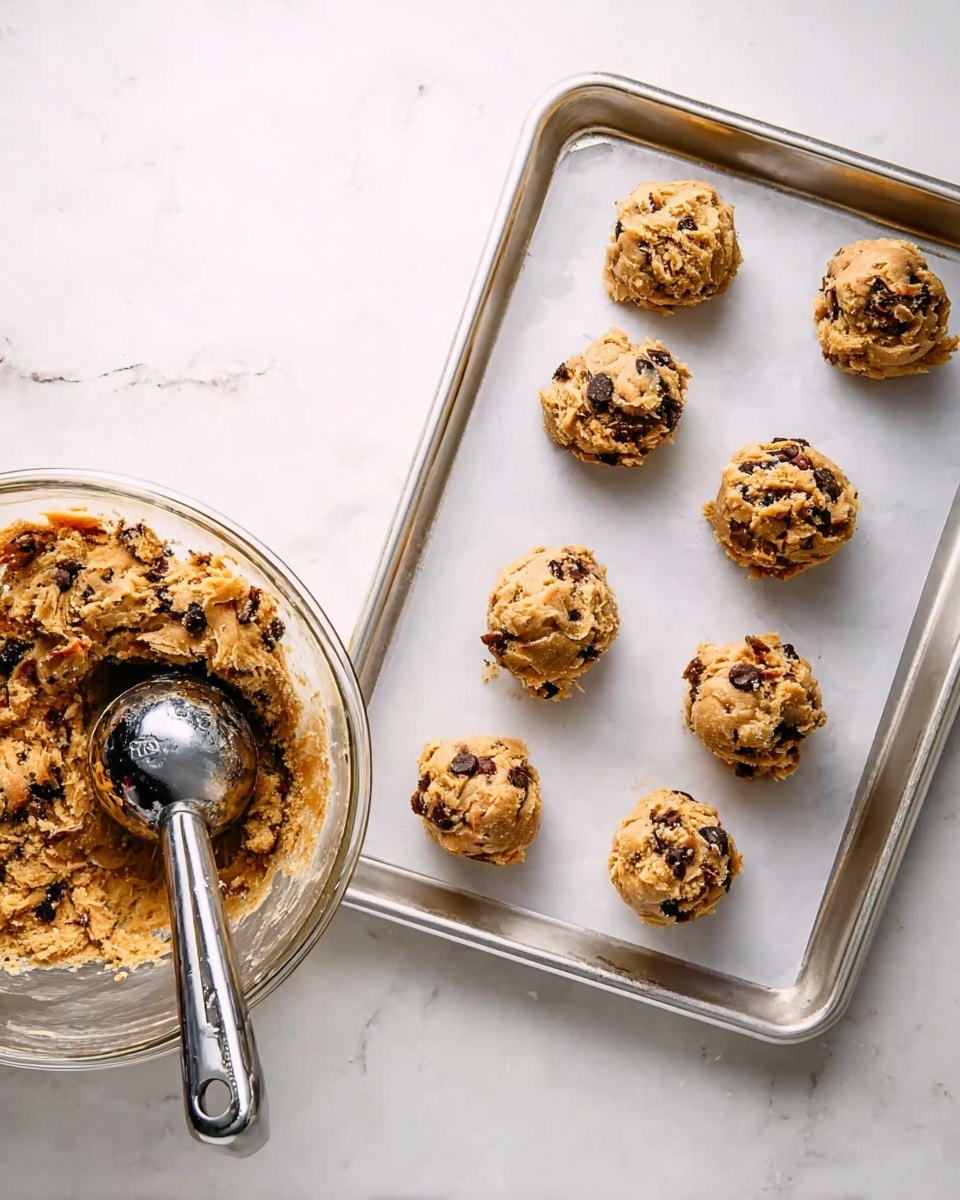 There is a silver baking tray on a white marbled surface with seven small, round cookie dough balls placed on it in two uneven rows. Each cookie dough ball is light brown with visible dark chocolate chunks and some textured bits that look like nuts or oats. To the left, there is a clear plastic bowl filled with the same cookie dough, showing a rough, chunky texture with dark and lighter bits mixed in. A metal ice cream scoop with cookie dough inside rests on the edge of the bowl. Photo taken with an iphone --ar 4:5 --v 7