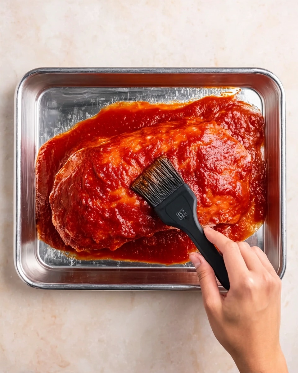 A close-up top view shows a rectangular metal tray with one large piece of raw chicken covered evenly with bright red sauce. A woman's hand is holding a black silicone brush, spreading the sauce on the chicken. The tray sits on a white marbled surface visible at the edges. The sauce has a smooth and shiny texture, coated all over the chicken, which has a slightly bumpy skin texture beneath the sauce. Photo taken with an iphone --ar 4:5 --v 7