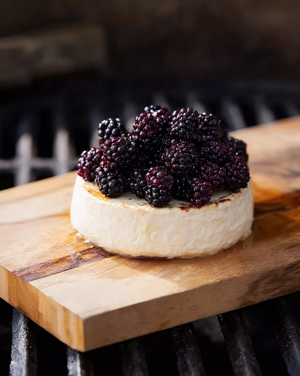 A single round white cheese wheel sits on a light wooden plank, topped with a generous pile of dark purple-black blackberries that add deep color and texture contrast. The cheese has a smooth, slightly crumbly surface with a pale creamy hue. The wooden plank rests on a dark grill grate with a blurred background. The scene is lit warmly, highlighting the fresh look of the fruit and creamy cheese surface, all placed on a white marbled texture base. photo taken with an iphone --ar 4:5 --v 7