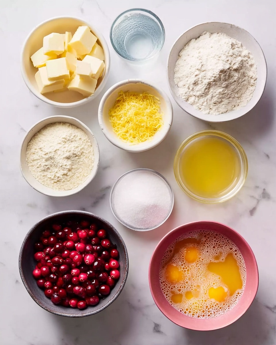 The image shows eight bowls with different ingredients on a white marbled surface. From the top left, there is a small white bowl with pale yellow butter cubes, a clear glass with water, a white bowl with white flour sprinkled lightly on top, a small white bowl with bright yellow lemon zest, a clear glass bowl with light yellow liquid, a very small white bowl with white powder, a white bowl filled with white sugar, a pink bowl full of bright red whole cranberries, and a dark bowl with beaten eggs that are light orange with some frothy bubbles on top. Everything is arranged neatly with soft natural light. Photo taken with an iphone --ar 4:5 --v 7