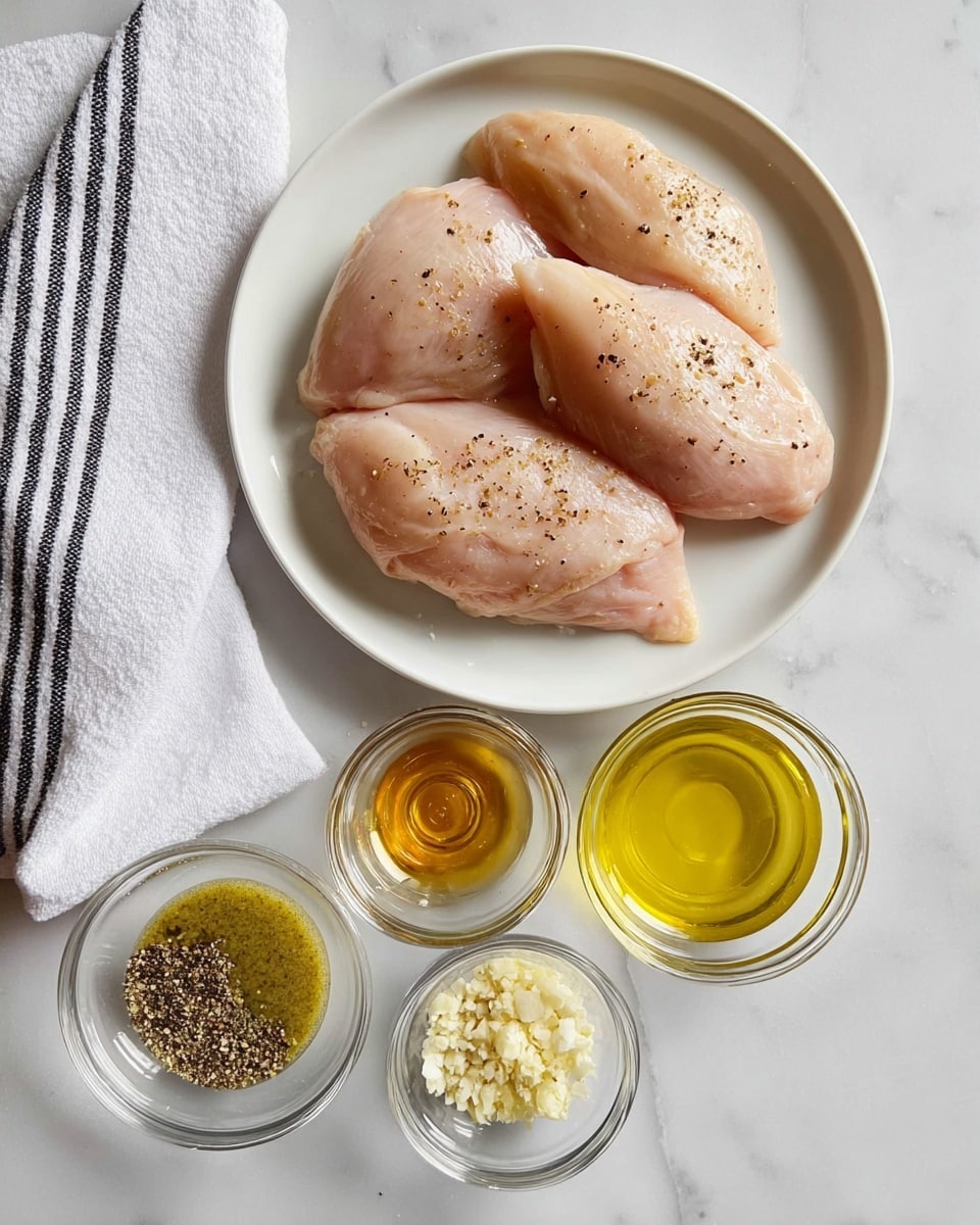 The image shows a round white plate in the center with three raw chicken pieces laid flat, pale pink with a slight sheen and some black pepper sprinkled on them. Below the plate, there are six small clear glass bowls arranged in two rows of three. The top row from left to right contains a greenish mustard sauce with swirled texture, a golden brown liquid that looks like honey or syrup, and a yellowish oil. The bottom row contains a mix of black pepper and white salt, a small amount of pale yellow lemon juice, and a portion of finely minced garlic with a soft creamy texture. On the left side, there is a white towel with black stripes lying flat. All items are placed on a white marbled surface. Photo taken with an iphone --ar 4:5 --v 7