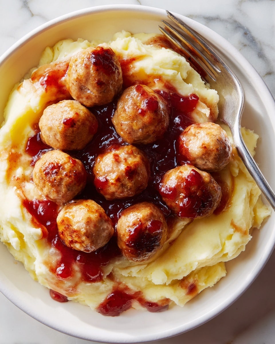 The image shows a white plate filled with a creamy, light yellow layer of mashed potatoes spread unevenly across the bottom. On top, there is a group of round, golden-brown meatballs scattered mainly on the top left side of the mashed potatoes, with a shiny, thick reddish-brown sauce drizzled over them and slightly spilling onto the mashed potatoes. A silver fork is placed on the right edge of the plate, partially resting on the mashed potatoes. The background has a white marbled texture. Photo taken with an iphone --ar 4:5 --v 7