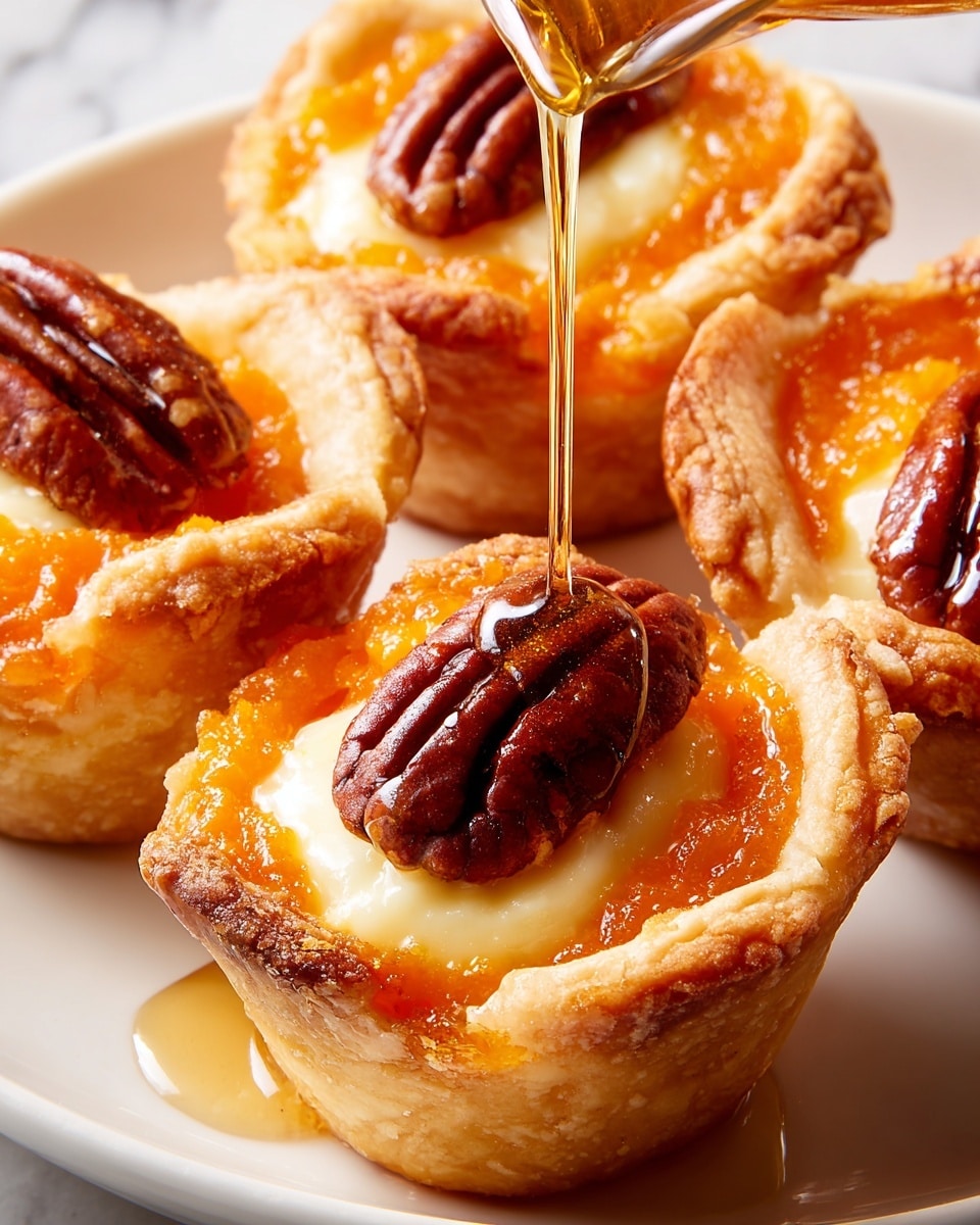 The image shows several small tarts on a white plate, each tart has a golden-brown crust that is flaky and slightly puffy. Inside the crust, there is a bright orange layer of mashed filling with a soft texture, topped with a melted light cream-colored layer. On the top center of each tart sits a whole toasted pecan, dark brown and shiny. In the middle tart, a golden amber syrup is being poured over the pecan, adding a glossy finish. The surface under the plate is a white marbled texture. photo taken with an iphone --ar 4:5 --v 7