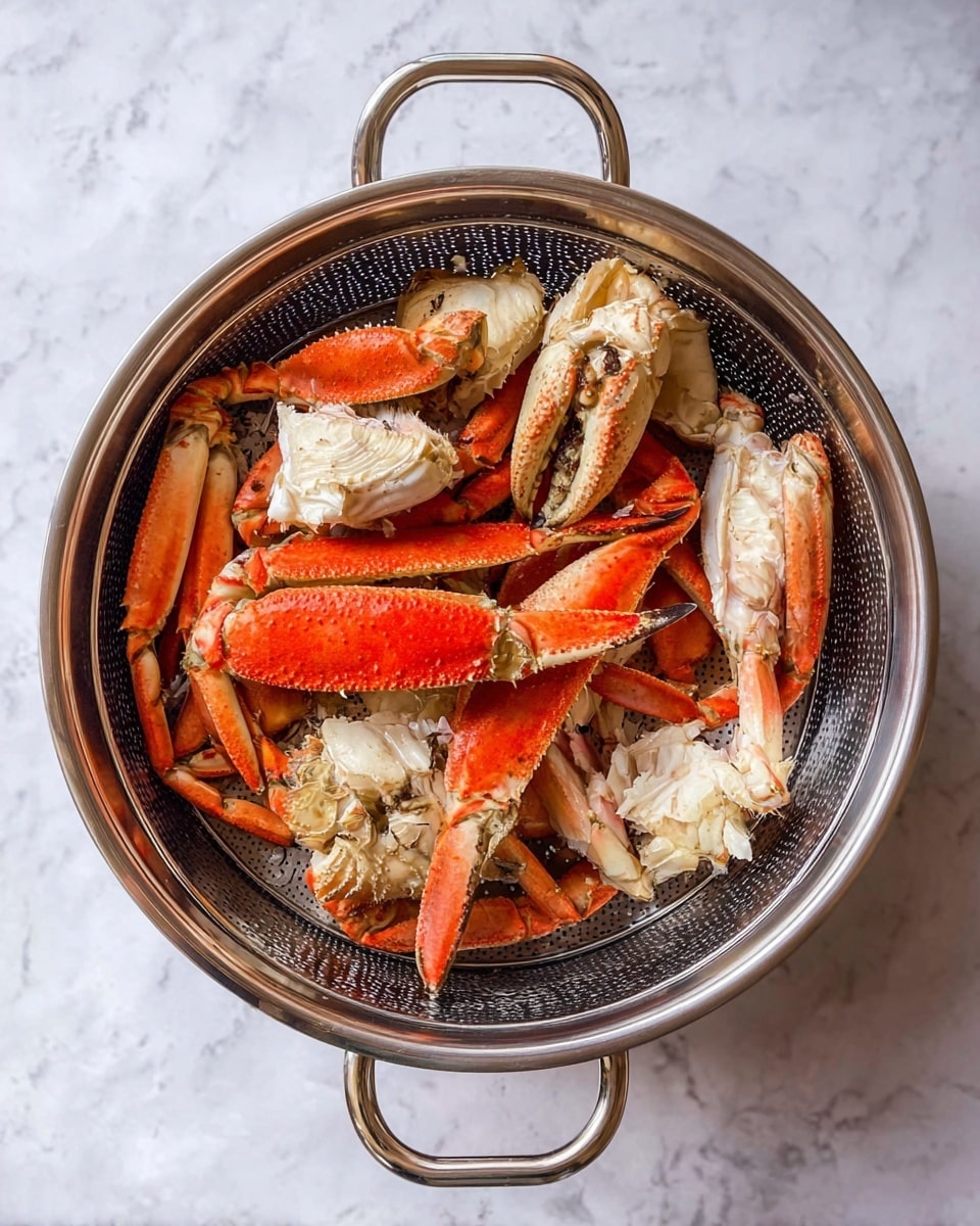 The image shows a round stainless steel steamer pot with two handles, containing several large pieces of cooked crab. The crab is broken into parts, including claws and shell sections, showing a mix of bright orange-red and creamy white colors with a slightly rough texture. The crab pieces rest on a perforated metal steamer insert inside the pot. The setting is on a white marbled surface, adding contrast to the shiny metal pot and vibrant crab shells. Photo taken with an iphone --ar 4:5 --v 7