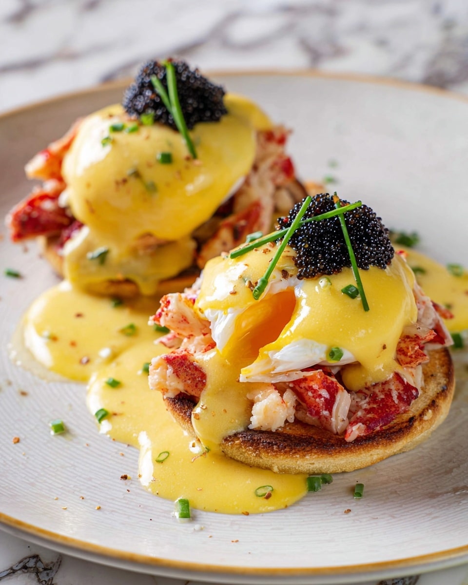 The dish shows two servings of eggs Benedict on a white plate with a white marbled texture surface. Each serving has three layers: the bottom layer is a toasted English muffin with a golden brown color, the middle layer has pieces of red and white crab meat, and the top layer is a poached egg covered with smooth, glossy yellow hollandaise sauce. Black caviar is placed on top of each egg, and small green chives are sprinkled over the dish. The front serving has hollandaise sauce and runny egg yolk spilling over the muffin. The photo taken with an iphone --ar 4:5 --v 7