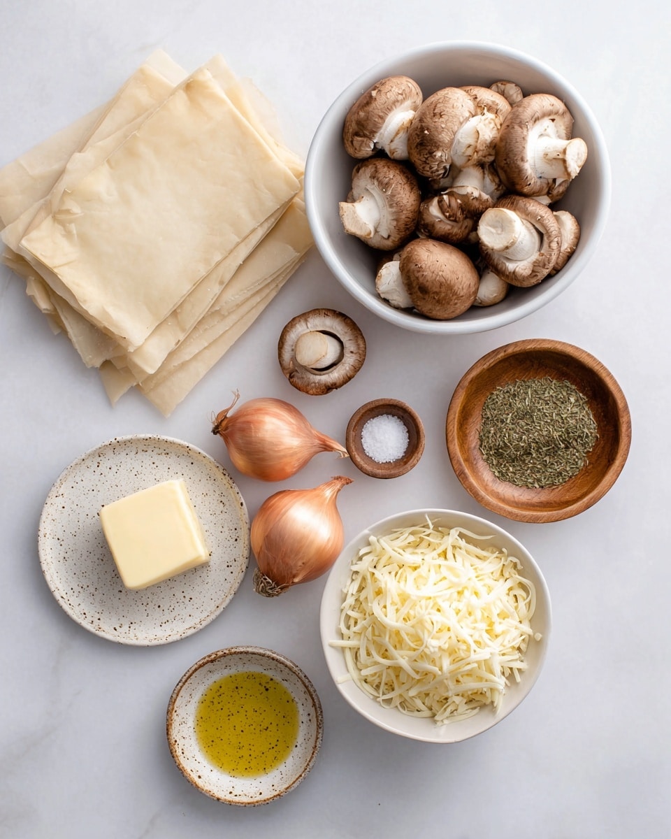 The image shows ingredients for cooking arranged on a white marbled surface. There is a white bowl filled with whole brown mushrooms placed near the center top. Next to it on the right, there is a small wooden bowl with dried green herbs. Below the mushrooms, two shallots with their skin on are placed side by side. To the right of the shallots, a white bowl is filled with shredded pale yellow cheese. Below the cheese bowl, a small round wooden bowl holds salt and pepper. To the left of this bowl, a small speckled plate contains a square of pale yellow butter. Near the bottom left, a small white bowl is filled with golden olive oil. To the far left side near the top, folded light beige sheets of puff pastry rest on a piece of parchment paper. All items are neatly arranged, showcasing clear textures and natural colors. Photo taken with an iphone --ar 4:5 --v 7