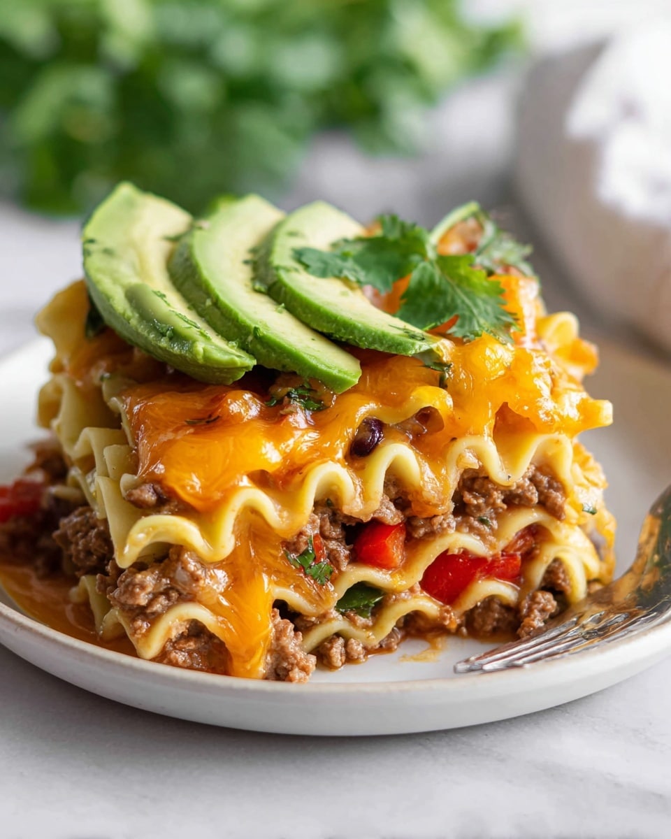 A close-up of a slice of lasagna on a white plate with a white marbled surface underneath. The lasagna has four visible layers: at the bottom and third layers, pale yellow wavy pasta with bits of cooked ground meat and small pieces of red and green bell peppers mixed with beans. The second and top layers are covered with melted orange cheese that looks slightly browned at the edges. On top, there are three slices of fresh bright green avocado and a small piece of green cilantro leaf. A fork lies beside the lasagna slice, and blurred green leaves are in the background. Photo taken with an iphone --ar 4:5 --v 7
