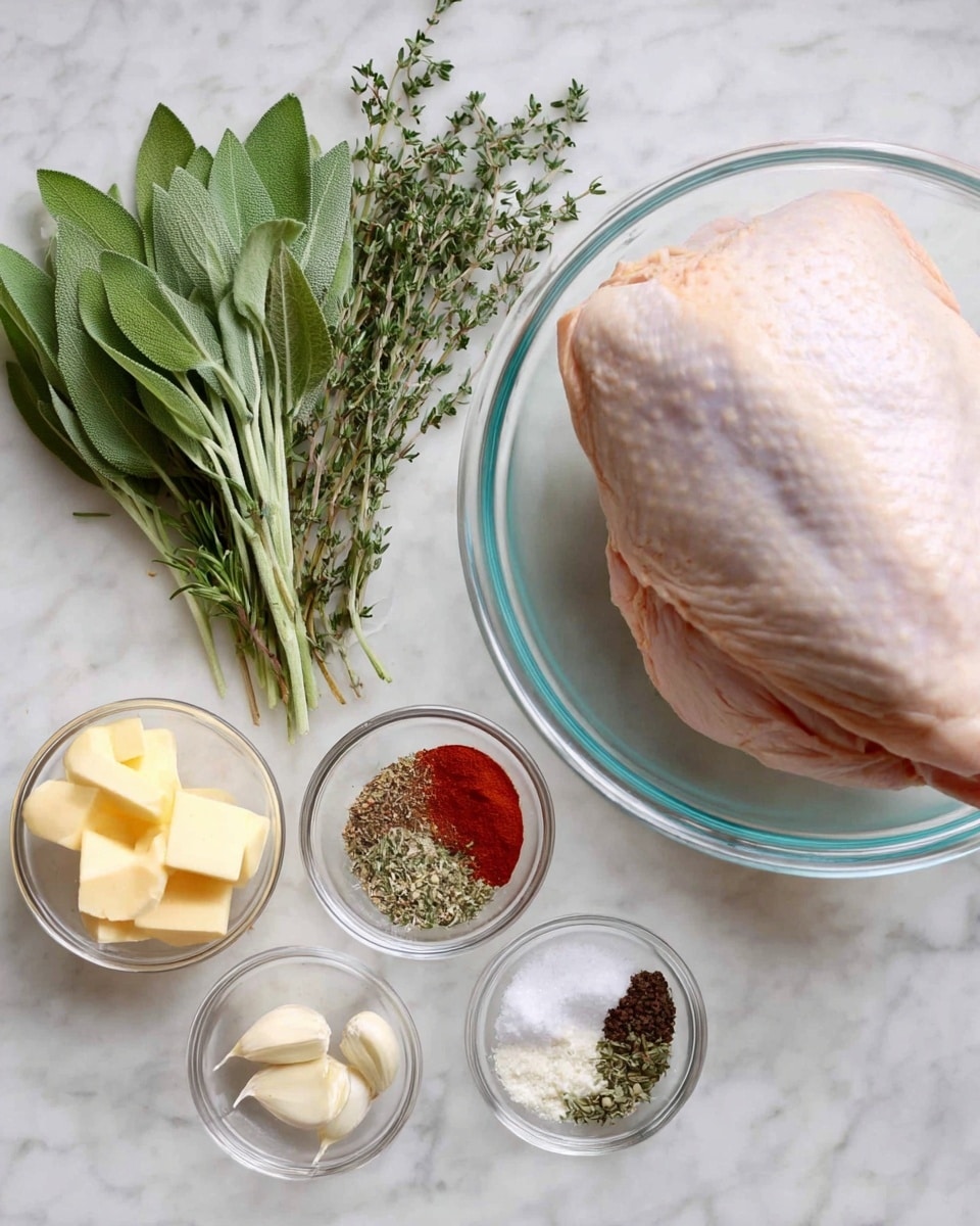 A large raw chicken piece with pale skin sits in a clear glass bowl on the right. To the left, there are three bunches of fresh green herbs – sage with broad leaves, thyme with small thin leaves, and rosemary with needle-like leaves. Below the herbs, three small clear glass bowls hold ingredients: two cubes of pale yellow butter, two cloves of peeled garlic, and a mix of spices including coarse black pepper, white salt, and bright red paprika. All items are placed on a white marbled surface. photo taken with an iphone --ar 4:5 --v 7