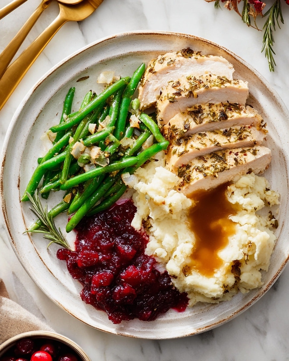 On a white plate with a slightly rustic edge, there are three main sections of food. The first section shows five slices of cooked chicken with a light brown herb crust on top, arranged in a small overlapping stack on the lower left. Above the chicken to the left are bright green cooked green beans with small pieces of garlic mixed in, creating texture and color contrast. On the right of the plate, there is a mound of white mashed potatoes topped with a pool of brown gravy that partially fills a small crater in the center. Just below the mashed potatoes is a portion of chunky, deep red cranberry sauce. The plate sits on a white marbled surface, with two gold-colored utensils at the top left corner and a small bowl of extra cranberry sauce at the bottom left, along with a woman's hand partially visible on the right edge. photo taken with an iphone --ar 4:5 --v 7