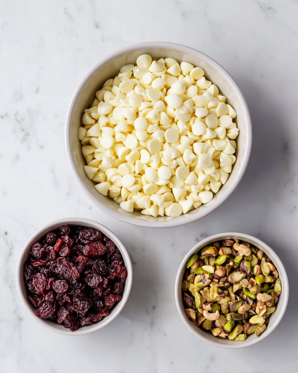 Three white bowls are arranged on a white marbled surface. In the center, the largest bowl is filled with small, smooth, round white chocolate chips, creating a soft and creamy layer. To the left, a smaller bowl holds a deep red dried cranberry layer with a wrinkled texture. On the right, another small bowl contains an uneven mix of chopped pistachios and cashews, showing green and light brown colors with a rough texture. The bowls are evenly spaced in a neat composition. photo taken with an iphone --ar 4:5 --v 7