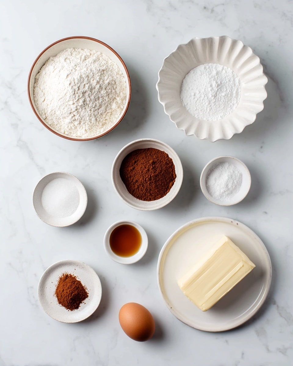 A flat lay photo shows seven ingredients on a white marbled surface arranged in a loose circle. At the top left is a white bowl with a brown rim filled with white flour, while at the top center is a small plain white bowl filled with brown cocoa powder. At the top right, a white scalloped bowl contains granulated white sugar. Below the flour bowl on the left is a small white cup with amber vanilla extract. Near the center, a plain white dish holds two small piles of white baking powder and baking soda, and to its right is a small light beige bowl filled with reddish-brown cinnamon. On the right side is a plain white plate holding a block of pale butter. At the bottom center of the arrangement, a single brown egg lies directly on the surface. Photo taken with an iphone --ar 4:5 --v 7