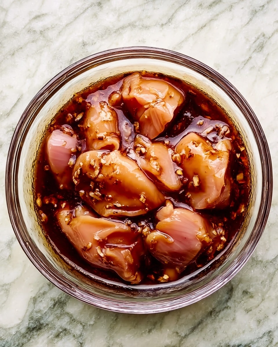 A clear glass bowl sits on a white marbled surface, filled with several pieces of raw chicken submerged in a dark, shiny brown marinade. The chicken pieces are pale pink with a smooth and slightly glossy texture, evenly coated by the thick sauce that pools around and between them. The marinade's deep color contrasts with the lighter chicken, giving the image a rich, wet appearance. Photo taken with an iphone --ar 4:5 --v 7