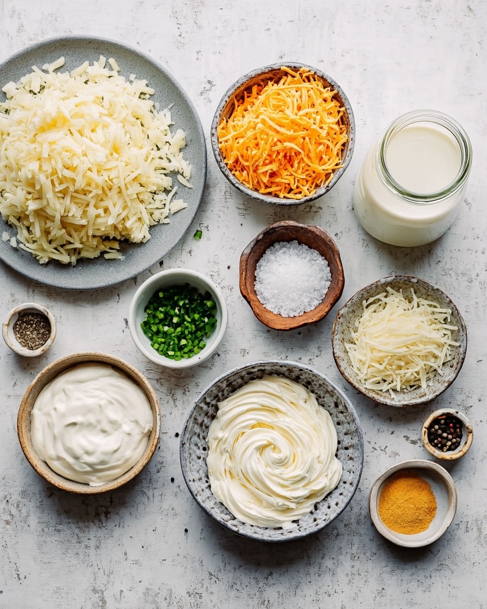 The image shows many small bowls and a plate with different cooking ingredients arranged neatly on a white marbled surface. In the middle, a large gray plate is filled with white, thin noodle-like sticks arranged in a loose pile. To the right of this plate, a textured bowl holds a heap of shredded orange cheese. Below it, a small rounded bowl contains smooth, white sour cream with gentle swirling on the top. Above the sour cream, another small bowl has finely grated white cheese. To the right of the grated cheese, there is a tiny dark gray bowl filled with white coarse salt, and beside it is a small wooden bowl with mixed black and white peppercorns. Above and to the left of the gray plate, there is a small light brown bowl with chopped green onions. Below this bowl are two little white bowls containing light yellow powders, likely spices or seasonings. Below these, a small transparent container holds a yellow liquid. In the top right, a glass jar filled with creamy white milk stands upright. All elements are clearly arranged with good lighting, showing textures and colors vividly. Photo taken with an iphone --ar 4:5 --v 7