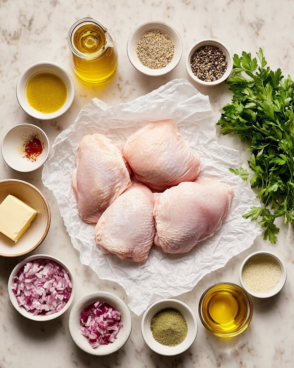 The image shows three raw light pink chicken pieces placed on crumpled white parchment paper in the center. Around the chicken, there are small white bowls and containers arranged neatly in a circle, each holding different ingredients such as chopped red onions, coarse ground black pepper, mustard seeds, a yellow mustard sauce, pale yellow butter, a light green herb paste, finely ground spices, and clear golden oil. Fresh green parsley leaves are on the top right near the bowls. The whole setup is on a white marbled surface, with soft natural light highlighting the colors and textures. Photo taken with an iphone --ar 4:5 --v 7