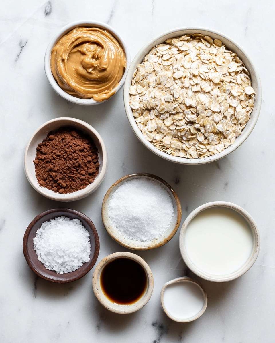 The image shows several small white bowls arranged on a white marbled surface. There is a large bowl filled with light beige oats, a medium bowl with creamy light brown peanut butter, and another large bowl full of white sugar. Smaller bowls hold dark brown cocoa powder, coarse white salt, fine white salt, and white granulated sugar. One small white cup contains a dark liquid, likely vanilla extract, and another cup has white liquid, possibly milk. The bowls are placed neatly and spaced out across the surface, showing different textures and colors in contrast. photo taken with an iphone --ar 4:5 --v 7