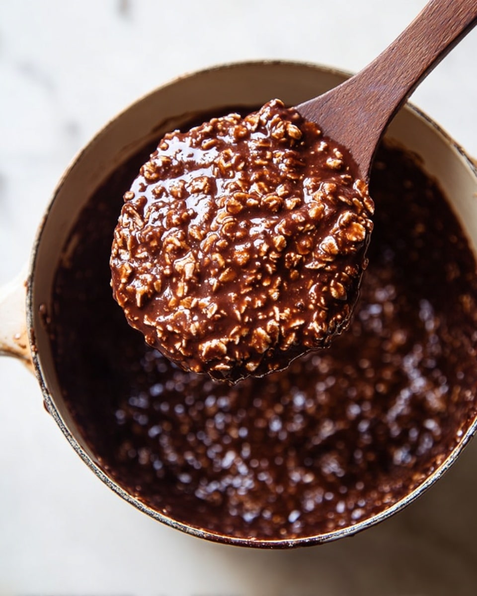 A close-up view of a wooden spoon lifting a thick, chocolatey mixture filled with oats from a pot. The mixture is dark brown and shiny, with visible oats that give it a chunky texture. The pot holding the mixture is seen from above, showing more of the same thick mixture inside. The background is a white marbled surface. Photo taken with an iphone --ar 4:5 --v 7