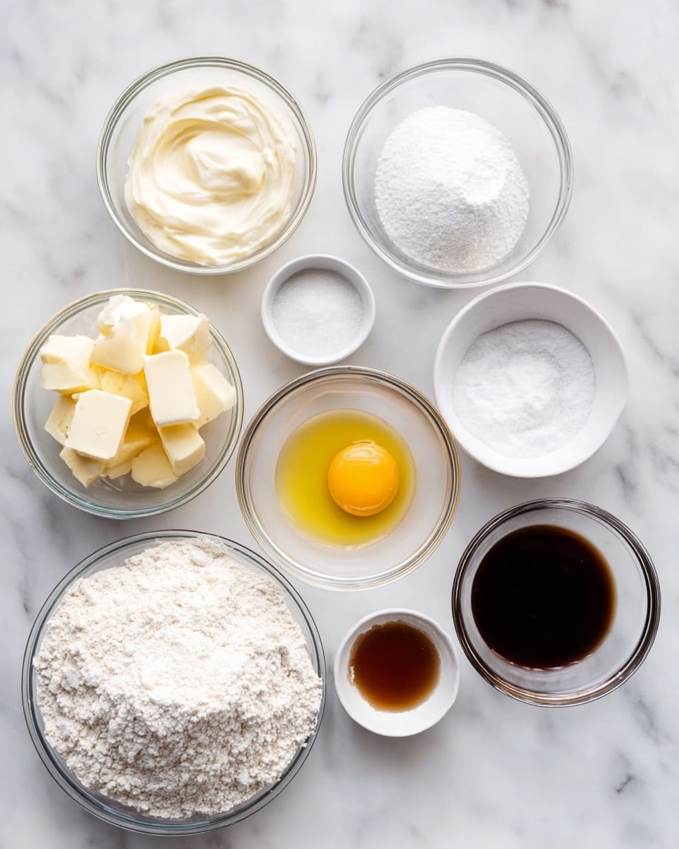 The image shows eight small clear glass bowls arranged on a white marbled surface. The bowls each hold a different baking ingredient: one contains cream-colored yogurt with a smooth texture, another has white baking soda, and one holds a bright yellow egg yolk resting in clear egg white. A bowl with white solid coconut oil looks soft, next to a pile of white flour that fills a bowl more than halfway. Another bowl holds four light yellow butter slices, and two small white bowls contain dark brown vanilla sauce and fine white sugar, respectively. The bowls form a spread, highlighting the varied colors and textures of the baking ingredients photo taken with an iphone --ar 4:5 --v 7