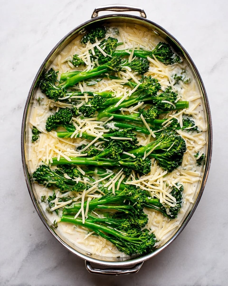 A shiny oval metal pan filled with layers of bright green broccolini stems and fluffy white sauce mixed with small flecks of seasoning, all topped with scattered light yellow shredded cheese. The broccolini is placed evenly on top of the sauce, making a contrast of vibrant green and creamy white. The pan is set on a white marbled surface. photo taken with an iphone --ar 4:5 --v 7