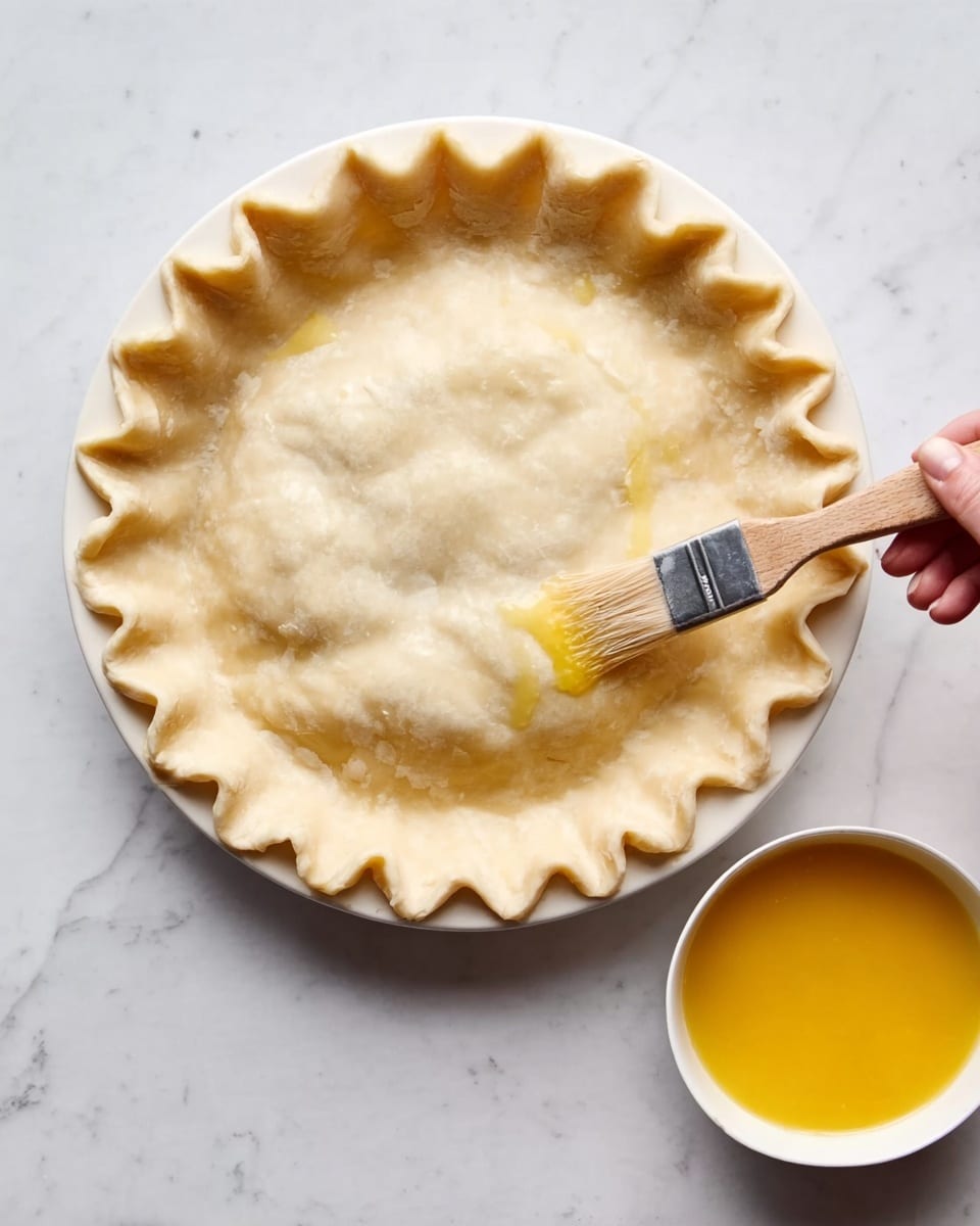 A white plate holds a pie crust with a crimped edge, its pale dough smooth and slightly shiny, showing some light unevenness on top. A woman's hand is holding a pastry brush, gently applying a golden-yellow egg wash to the dough's surface. Next to the plate, on a white marbled surface, is a small white bowl filled with bright yellow egg wash. The whole scene is brightly lit, highlighting the soft textures of the dough and the smoothness of the egg wash photo taken with an iphone --ar 4:5 --v 7