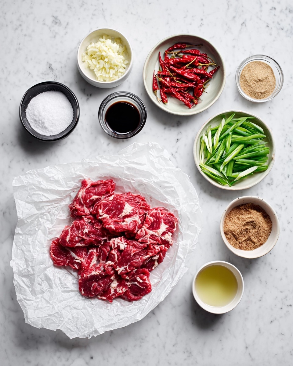 In the image, there are nine ingredients placed on a white marbled surface. At the center, thin slices of red raw meat with white fat are laid on crumpled white paper. Around it, starting at the top left and moving clockwise, are small bowls and containers holding finely chopped garlic (off-white), finely chopped ginger (pale yellow), whole red dried chili peppers, white powder (likely flour or cornstarch) in a black bowl, a small glass of dark liquid (soy sauce), a bowl filled with green sliced scallions, a bowl of brown sugar, a small white cup with light brown liquid (probably vinegar), and a glass container with clear light yellow oil. The arrangement is clean and simple, showing all ingredients clearly. Photo taken with an iphone --ar 4:5 --v 7