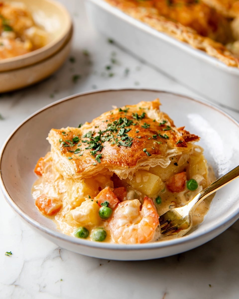 A white bowl holds a serving of creamy pot pie with three main layers; the bottom layer is a thick, orange-tinted creamy sauce mixed with visible small green peas, orange carrot pieces, cauliflower, and potato chunks, the middle layer is made up of more chunky vegetables coated in the sauce, and the top layer is a golden-brown flaky crust slightly cracked and sprinkled with chopped green herbs. A shiny gold fork rests on the right edge of the bowl, while part of a baking dish with the same golden crust sits in the blurred background on a white marbled surface. photo taken with an iphone --ar 4:5 --v 7