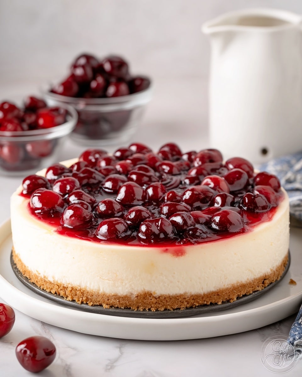A slice of cheesecake sits on a white plate, showing three clear layers: a thick, crumbly light brown base, a smooth and creamy off-white middle cheesecake filling, and a shiny, bright red cherry topping with whole cherries and syrup dripping down the side. The plate is placed on a white marbled surface. Photo taken with an iphone --ar 4:5 --v 7