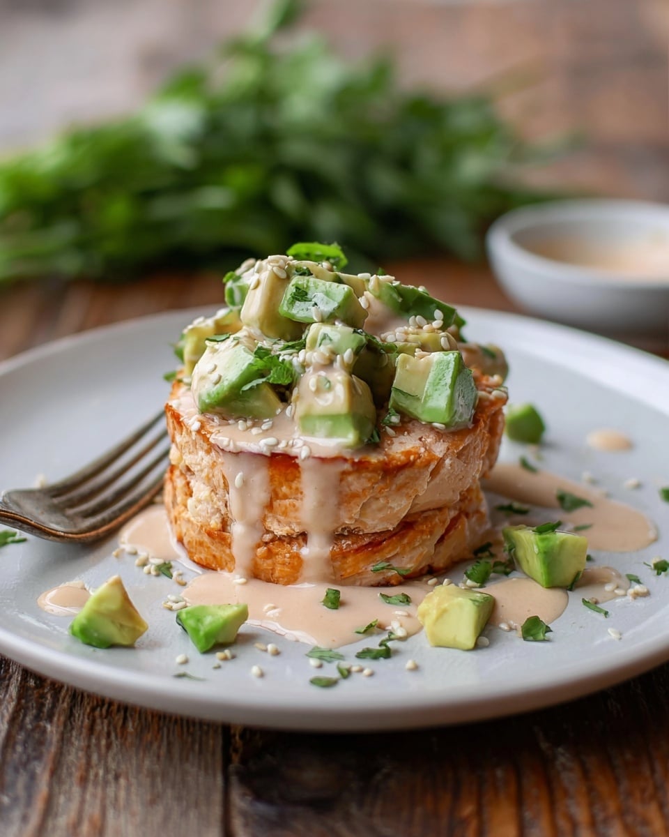 The dish has two thick, round, golden-brown patties stacked in the center of a white plate. On top of the patties, there are chopped pieces of green cucumber with a creamy light pink sauce poured over them, dripping down the sides. Small white sesame seeds are sprinkled over the sauce and cucumber. Around the plate, there are a few scattered cucumber pieces and drops of sauce. A silver fork is placed on the left side of the plate. The plate is set on a wooden surface with a blurred green herb bunch in the background. Photo taken with an iphone --ar 4:5 --v 7