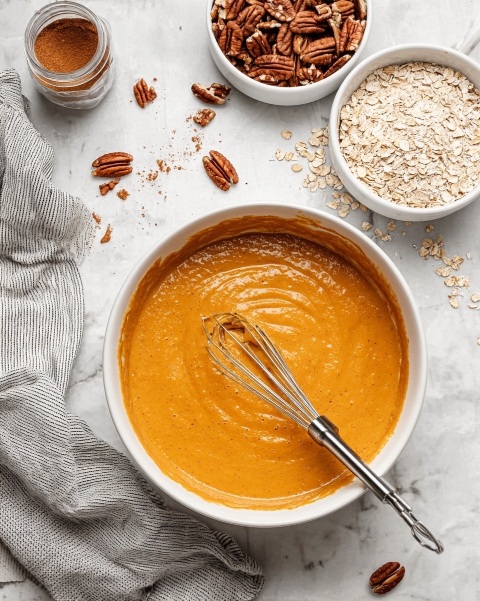 A large white bowl with smooth, thick pumpkin-orange batter is in the center, with a metal whisk resting inside it. Above to the right, a white bowl filled with oats, cinnamon, and sugar sits on a white marbled surface, while above to the left, a smaller white bowl holds chopped pecans. Around the bowls, a few scattered oats and pecans decorate the white marbled surface, with a spoon inside a small jar of cinnamon powder on the bottom left and a crumpled gray and white striped cloth nearby. Photo taken with an iphone --ar 4:5 --v 7