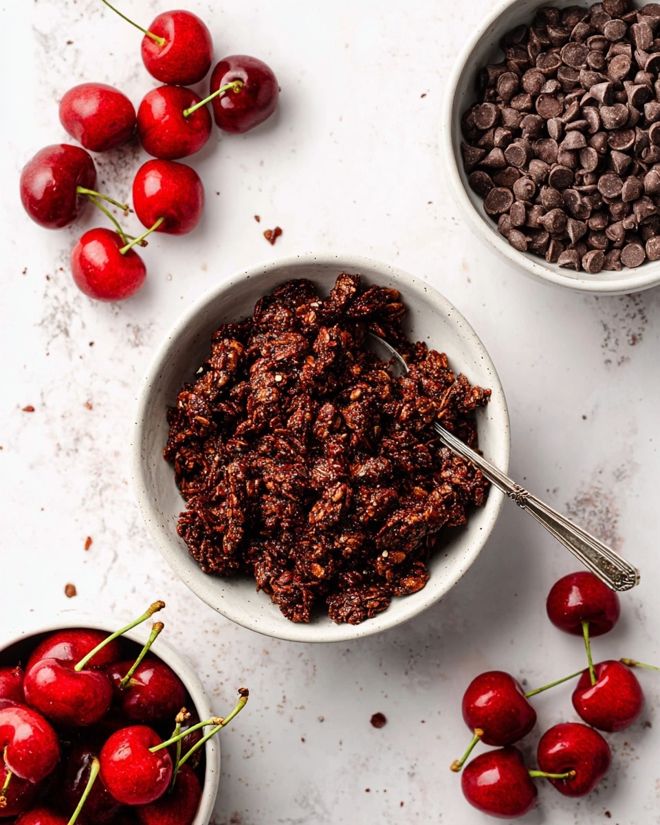 The image shows a white bowl filled with chunky, dark brown textured chocolate granola with visible small bits and a silver spoon inside. To the top right, there is another white bowl filled with smooth dark chocolate chips, and to the top left is a white bowl with bright, shiny red cherries with green stems. Around the bowls, there are a few loose cherries placed on a white marbled surface. The scene is bright and clean, focusing on the contrast between the rich chocolate colors and the fresh red cherries. photo taken with an iphone --ar 4:5 --v 7